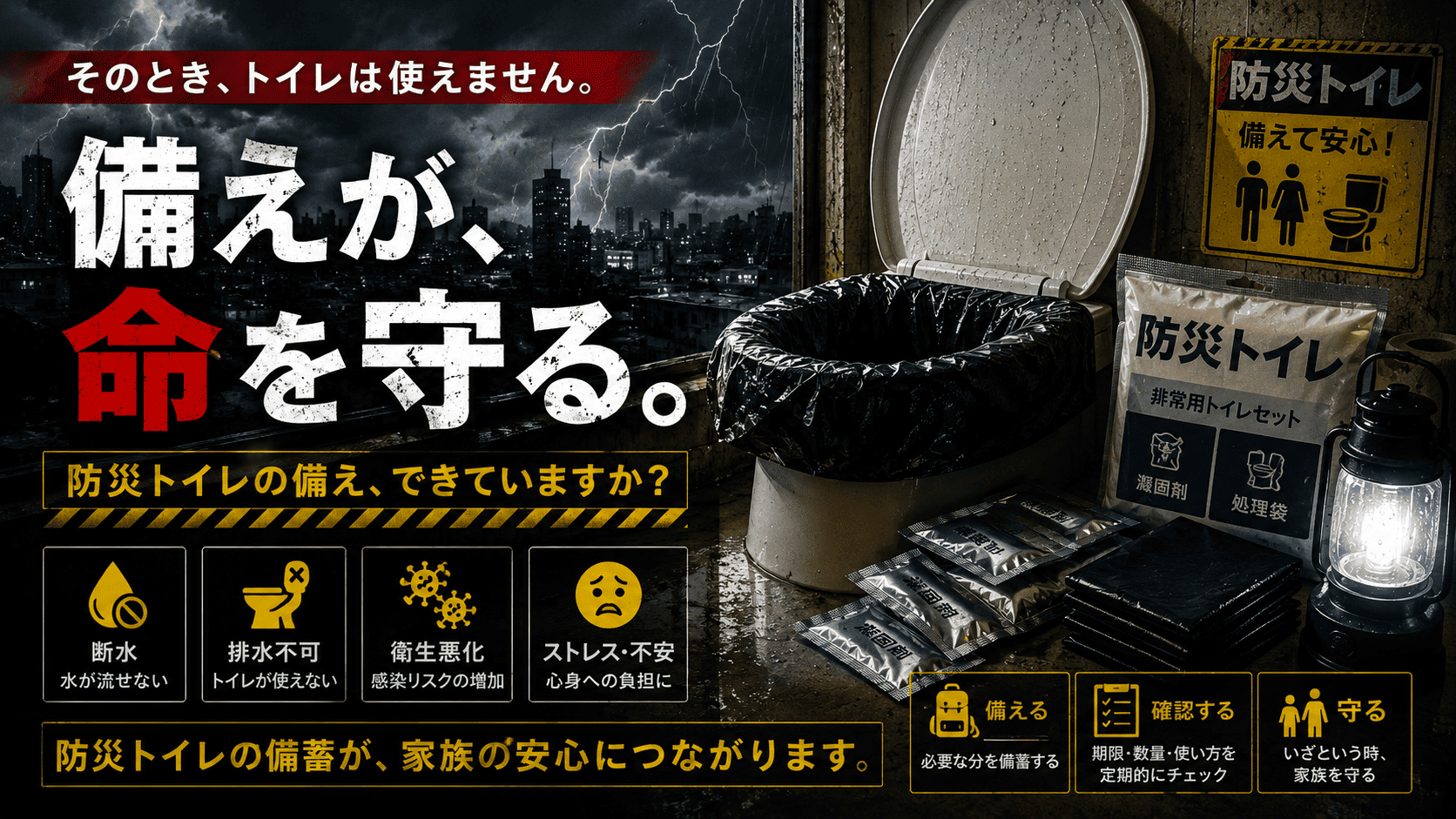 地震後に最初に困るのはトイレです。家族で備えたい非常用トイレの重要性
